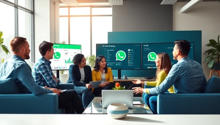Analyze the WhatsApp API usage in a vibrant office setting with professionals collaborating.