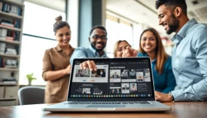 Showcasing WordPress services in a collaborative modern office with professionals engaged in discussion.