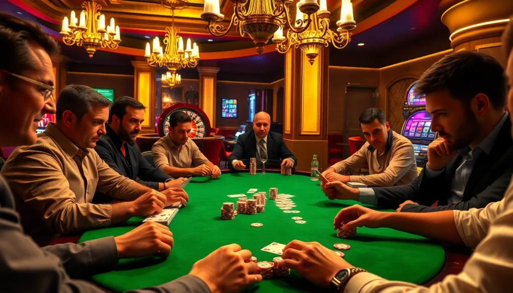 Experience high-stakes excitement at mm88.com with players concentrated on poker strategies, chips stacked high.