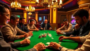 Experience high-stakes excitement at mm88.com with players concentrated on poker strategies, chips stacked high.