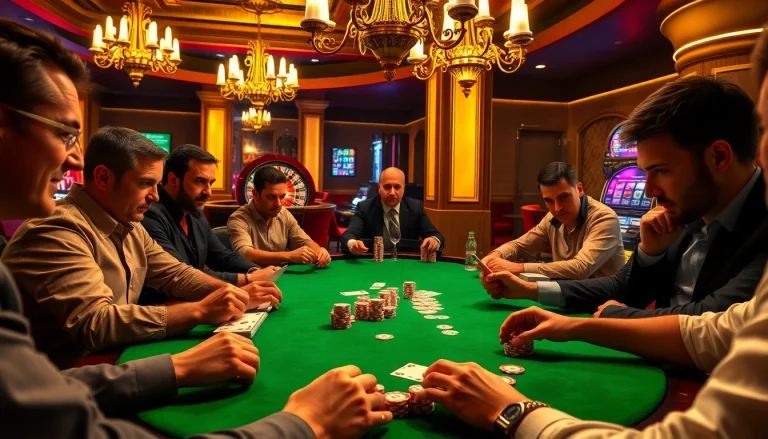 Experience high-stakes excitement at mm88.com with players concentrated on poker strategies, chips stacked high.