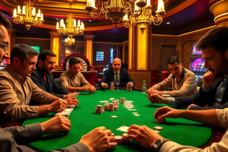 Experience high-stakes excitement at mm88.com with players concentrated on poker strategies, chips stacked high.