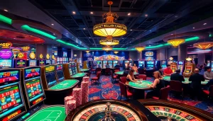 Experience the vibrant gambling world of KJC AC 1 with players enjoying casino tables and slot machines.