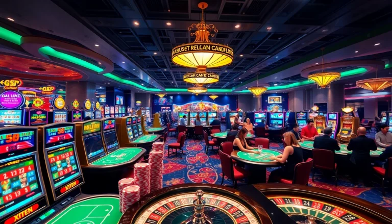 Experience the vibrant gambling world of KJC AC 1 with players enjoying casino tables and slot machines.