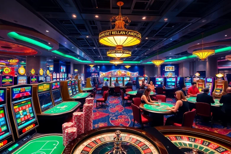 Experience the vibrant gambling world of KJC AC 1 with players enjoying casino tables and slot machines.