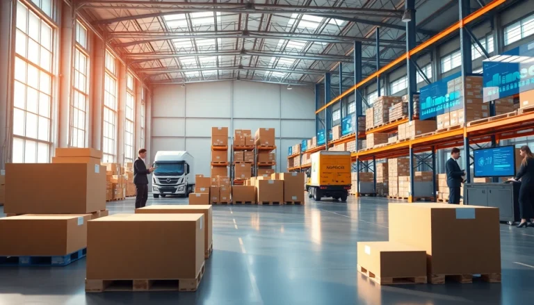 Showcase of 3PL logistics operations featuring modern warehouse technology and active staff.