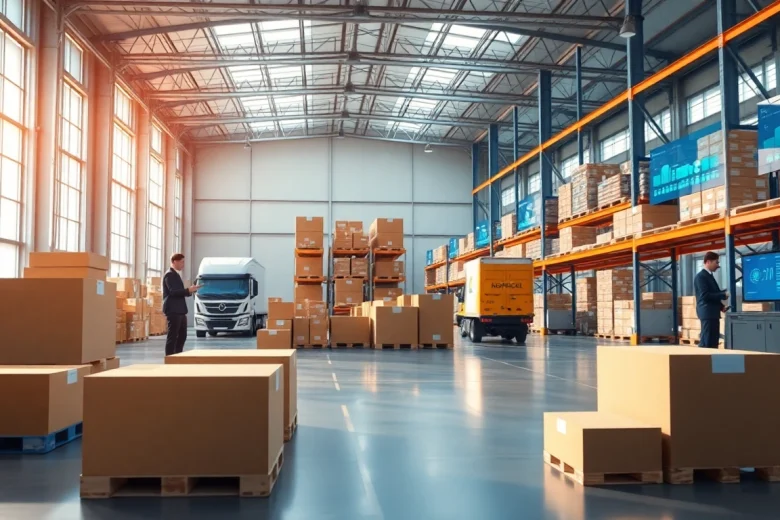 Showcase of 3PL logistics operations featuring modern warehouse technology and active staff.