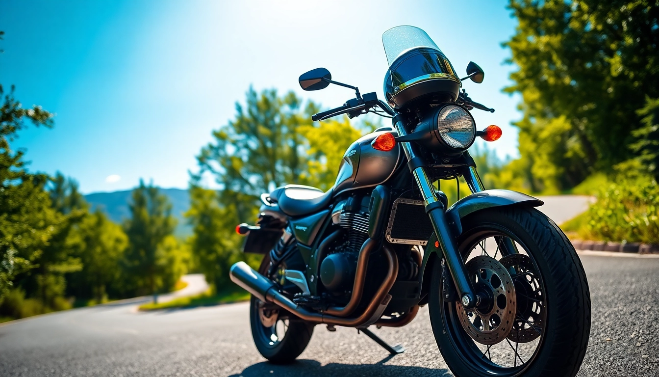 Motorrad gebraucht auf einer malerischen Straße mit leuchtendem Himmel und frischem Grün.