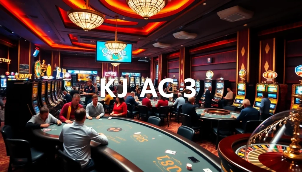 Exciting KJC AC 3 casino scene with players at poker tables and slot machines.