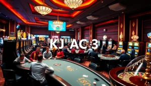 Exciting KJC AC 3 casino scene with players at poker tables and slot machines.