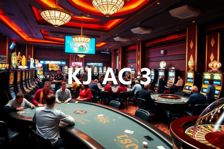 Exciting KJC AC 3 casino scene with players at poker tables and slot machines.