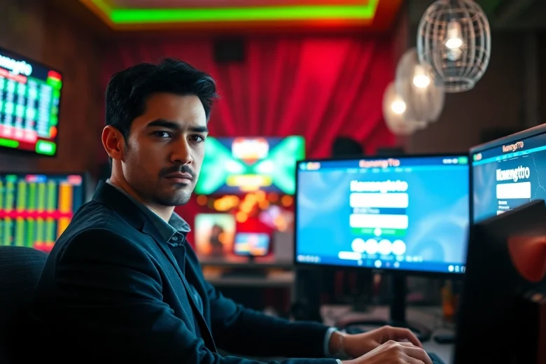 Masuk untuk komengtoto login dengan gamer serius di ruangan yang penuh suasana taruhan.