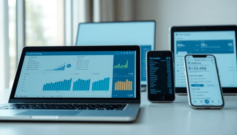 Engaging representation of order processing software featuring multiple devices displaying real-time analytics and updates.