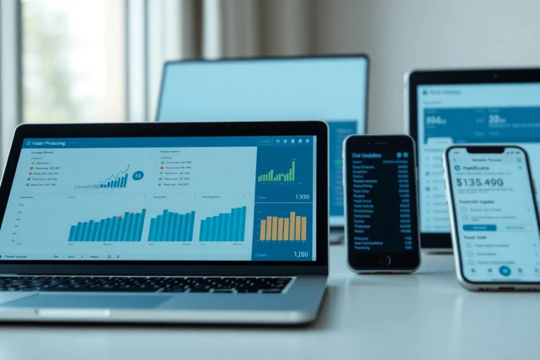 Engaging representation of order processing software featuring multiple devices displaying real-time analytics and updates.