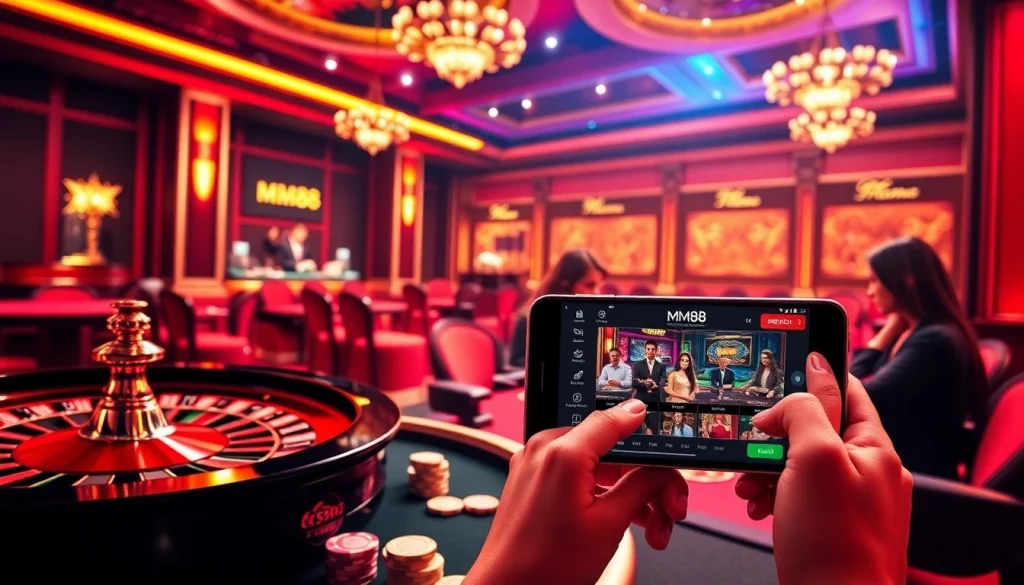 Experience the thrill of MM88 casino with a dynamic scene of vibrant gambling activities and a sleek online interface.