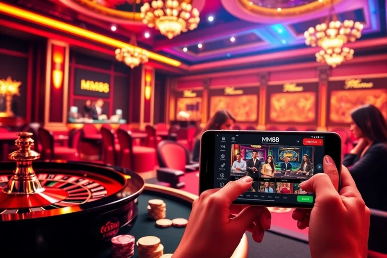 Experience the thrill of MM88 casino with a dynamic scene of vibrant gambling activities and a sleek online interface.