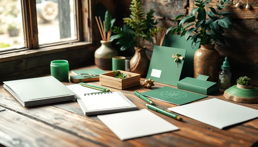 Showcase green stationery products arranged aesthetically on a wooden desk.