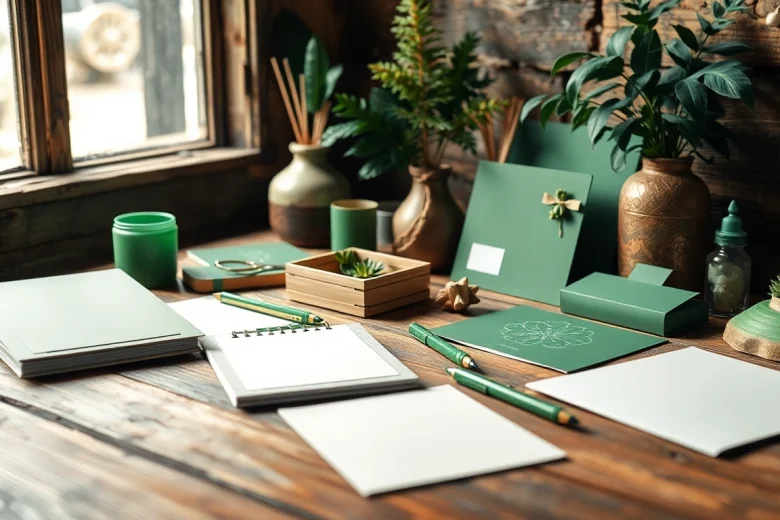 Showcase green stationery products arranged aesthetically on a wooden desk.
