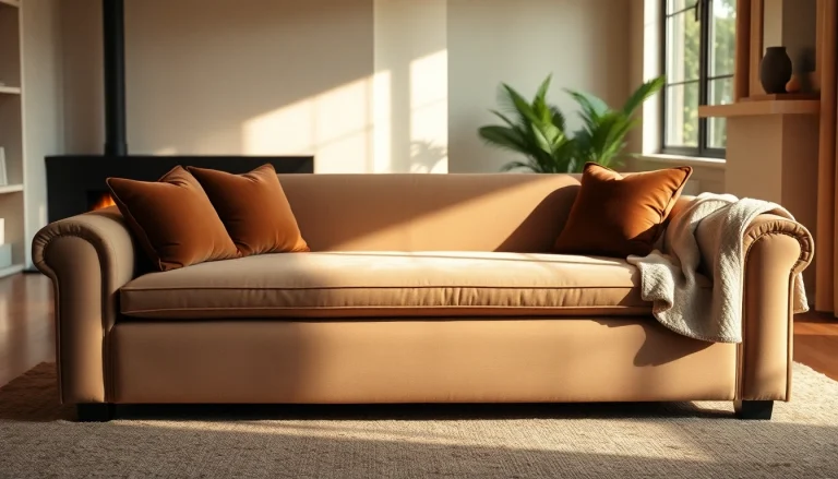 Elegant sofa bed in a cozy room, surrounded by warm hues and inviting decor.