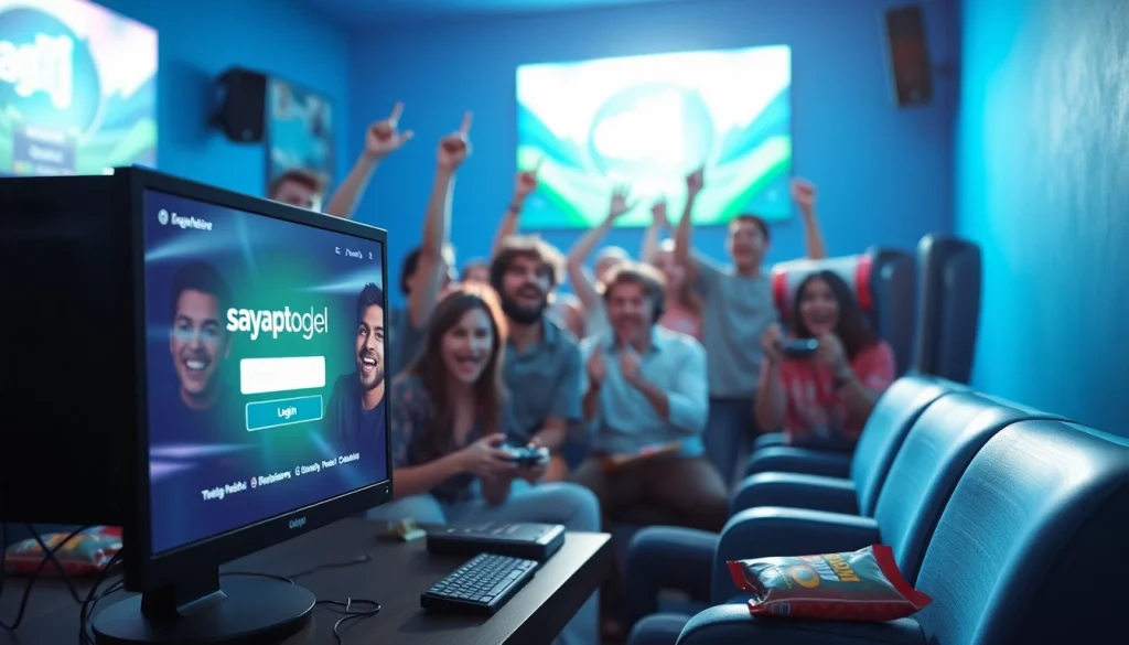 Masuk ke sayaptogel login melalui layar komputer dengan pemain yang bersenang-senang di latar belakang.