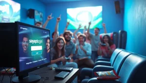 Masuk ke sayaptogel login melalui layar komputer dengan pemain yang bersenang-senang di latar belakang.