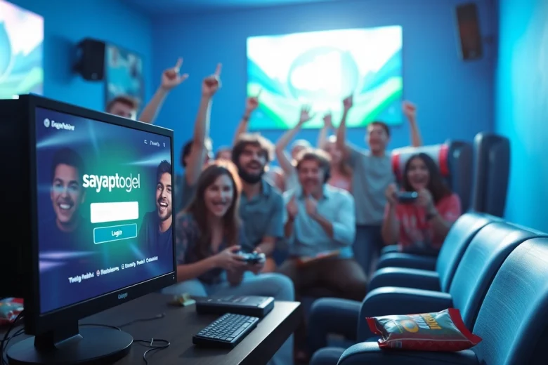 Masuk ke sayaptogel login melalui layar komputer dengan pemain yang bersenang-senang di latar belakang.