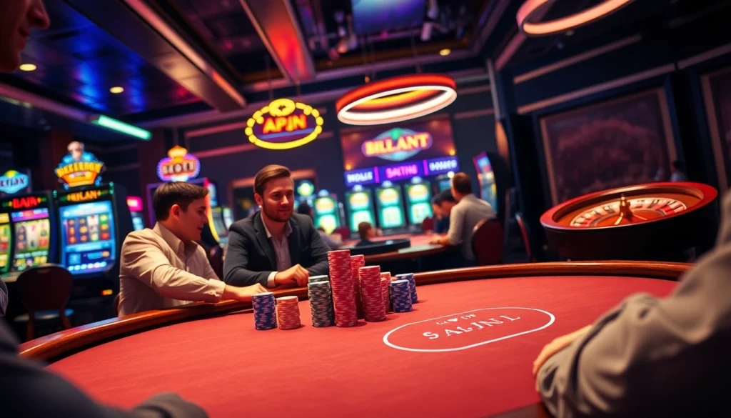 Experience the thrill of KJC AC with a dynamic poker game featuring vibrant chips and professional players at a lively casino table.