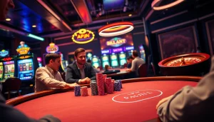 Experience the thrill of KJC AC with a dynamic poker game featuring vibrant chips and professional players at a lively casino table.