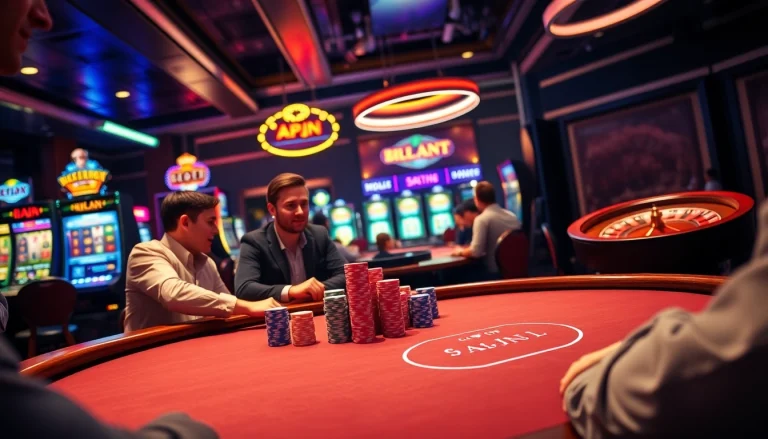 Experience the thrill of KJC AC with a dynamic poker game featuring vibrant chips and professional players at a lively casino table.