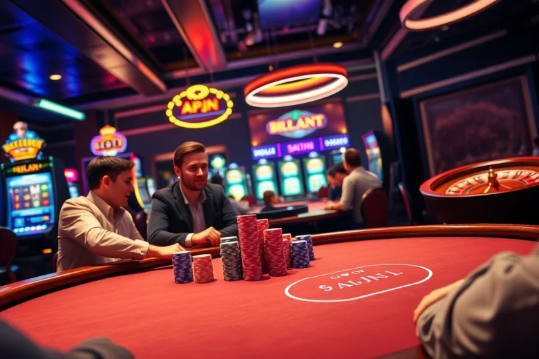 Experience the thrill of KJC AC with a dynamic poker game featuring vibrant chips and professional players at a lively casino table.