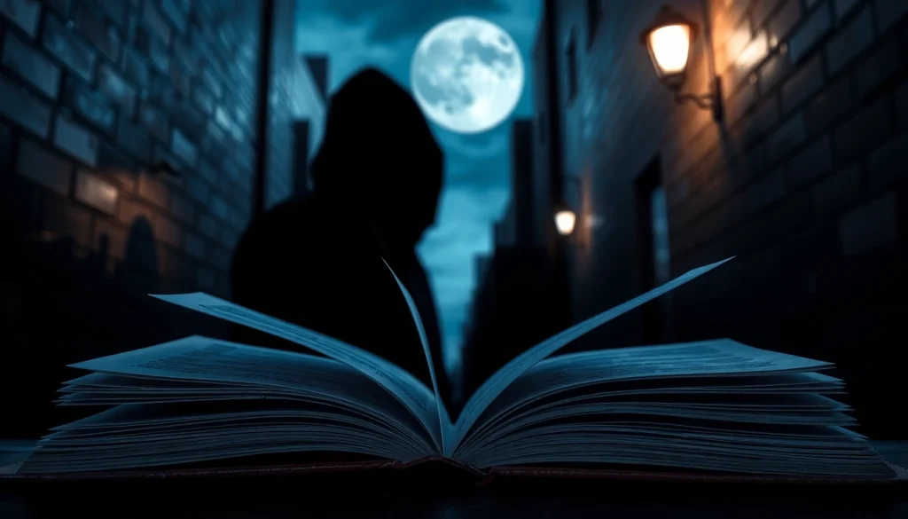 Engaging thriller book cover showcasing shadowy figure and mysterious open book.