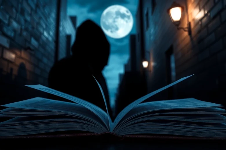 Engaging thriller book cover showcasing shadowy figure and mysterious open book.