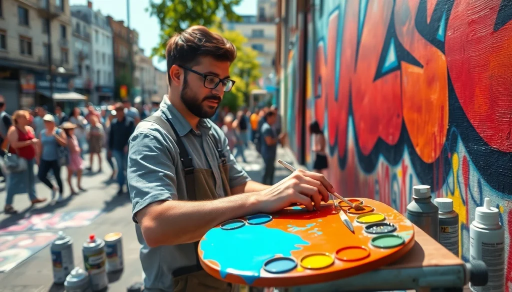 79king artist creating vibrant mural in urban setting, showcasing creativity and community engagement.