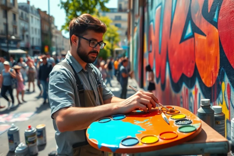 79king artist creating vibrant mural in urban setting, showcasing creativity and community engagement.