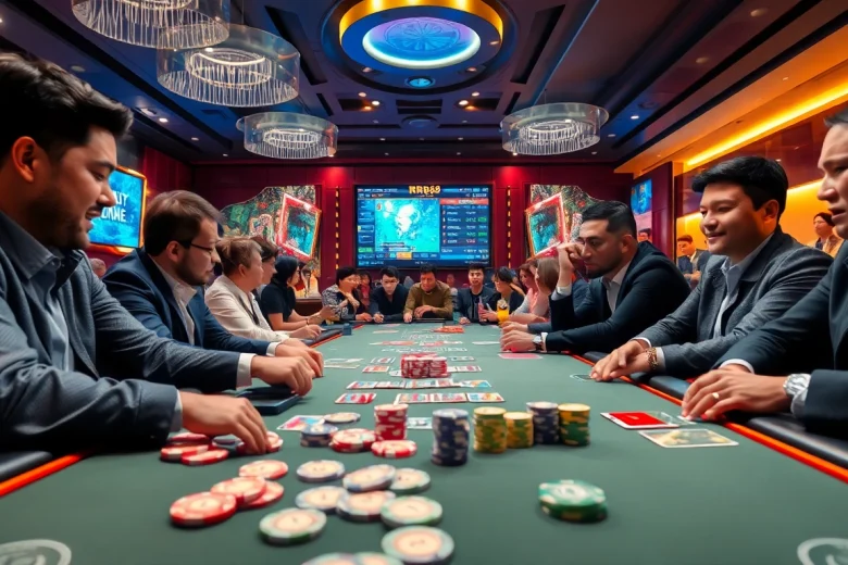 Engage in high-stakes betting at Nhà Cái RR88 with vibrant gaming table and enthusiastic players.