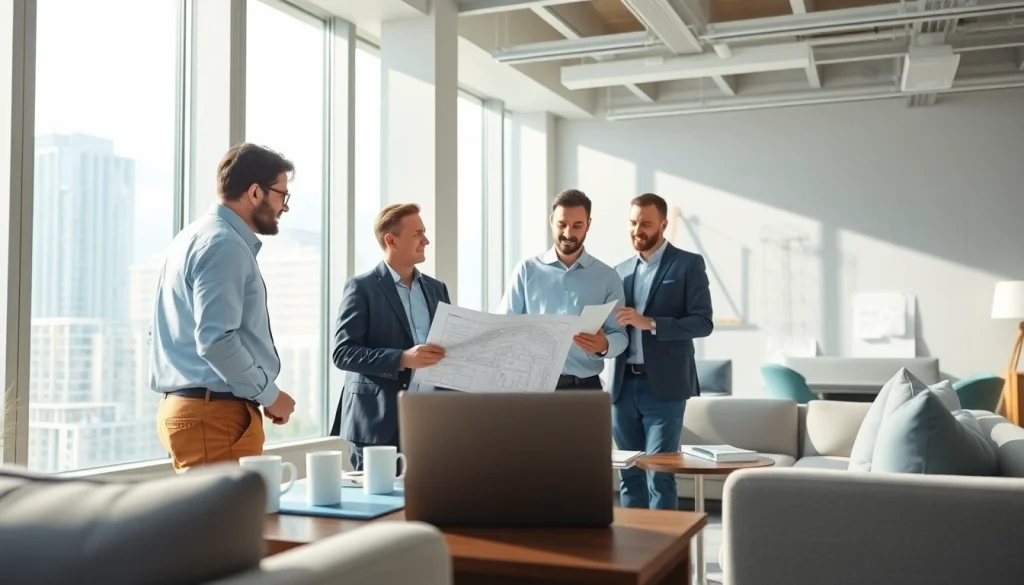 Team strategizing on international real estate development with blueprints and digital models in a modern office.