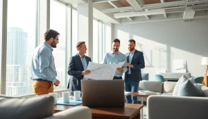 Team strategizing on international real estate development with blueprints and digital models in a modern office.