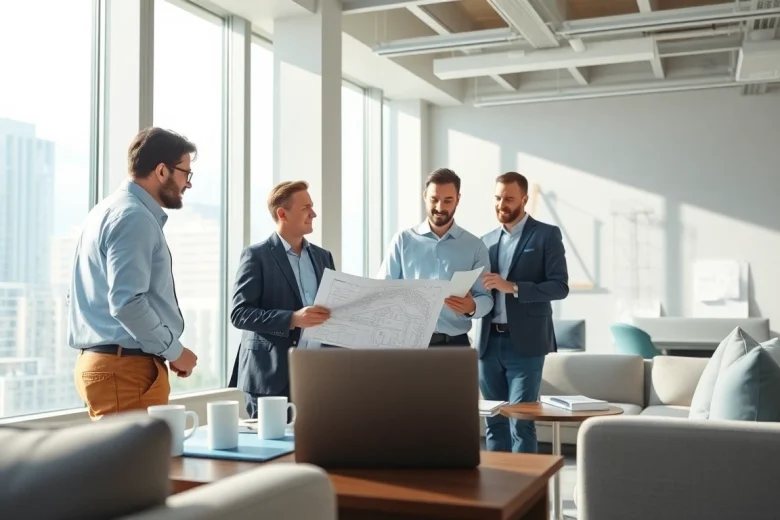 Team strategizing on international real estate development with blueprints and digital models in a modern office.