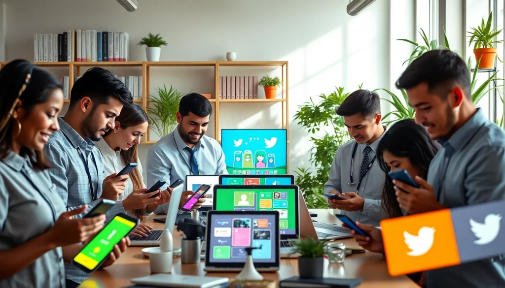 Showcasing effective social media ads with diverse individuals interacting in a vibrant workspace.