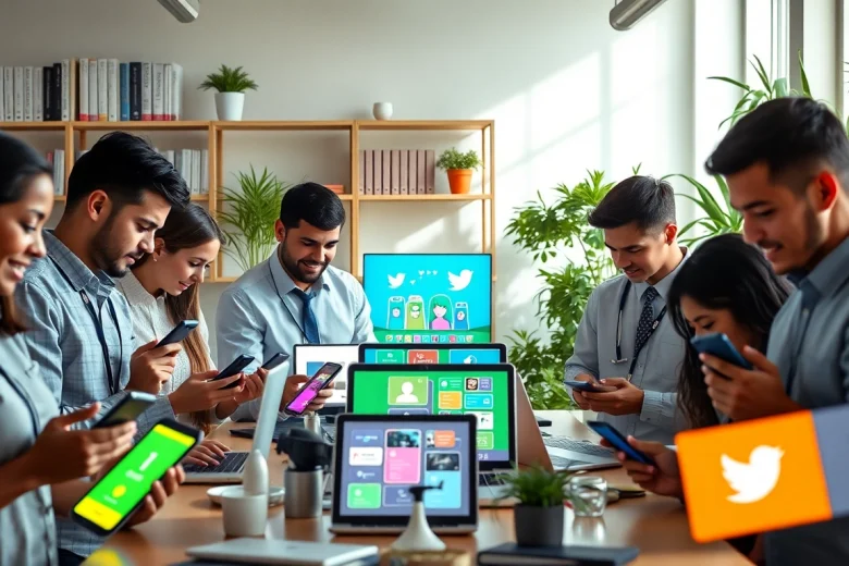 Showcasing effective social media ads with diverse individuals interacting in a vibrant workspace.