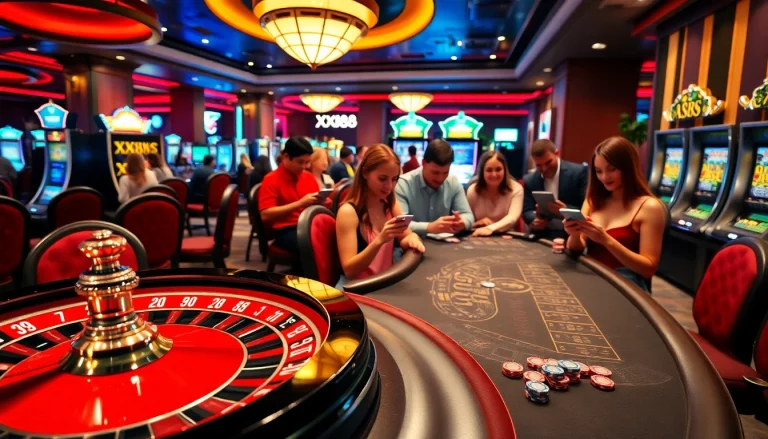 Experience the thrill of XX88 gaming with players at a vibrant roulette table and bustling slot machines.