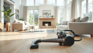 Efficiently using the best cordless vacuum in a stylish modern living room setting.