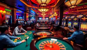 A dynamic casino scene illustrating players enjoying various games at KJC AC 1, featuring poker tables, a roulette wheel, and slot machines.