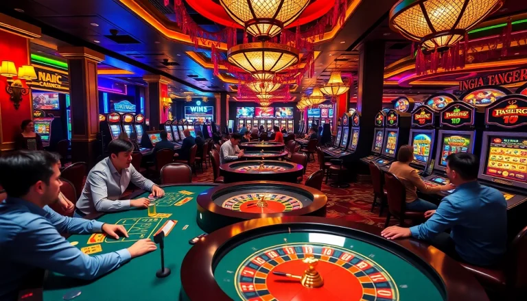 A dynamic casino scene illustrating players enjoying various games at KJC AC 1, featuring poker tables, a roulette wheel, and slot machines.