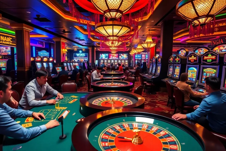 A dynamic casino scene illustrating players enjoying various games at KJC AC 1, featuring poker tables, a roulette wheel, and slot machines.