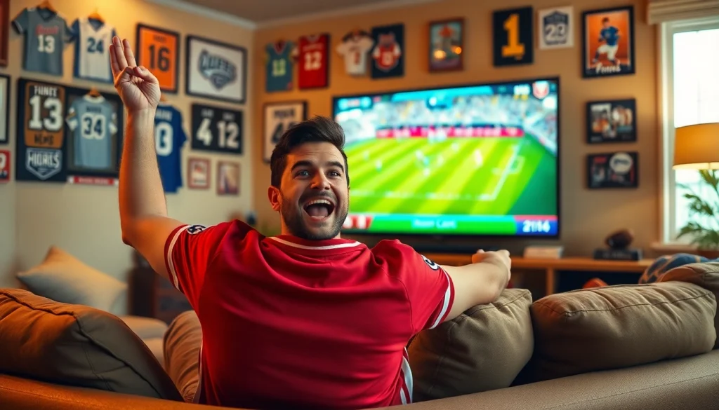 스포츠중계의 흥미진진한 순간을 즐기는 팬과 편안한 안락한 거실.