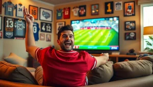 스포츠중계의 흥미진진한 순간을 즐기는 팬과 편안한 안락한 거실.