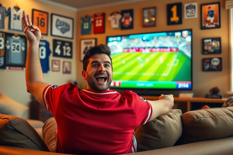 스포츠중계의 흥미진진한 순간을 즐기는 팬과 편안한 안락한 거실.