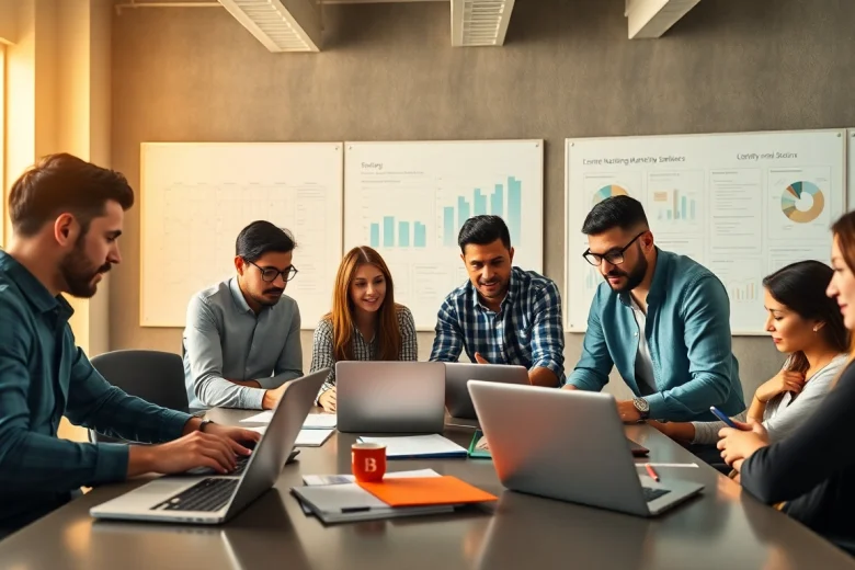 Team discussing af88.com marketing strategies in a modern office setting.