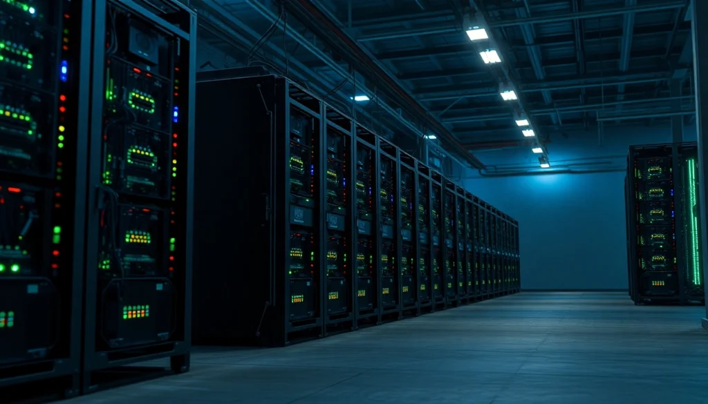 Crypto mining operation featuring ASIC rigs in a high-tech warehouse environment with ambient lighting.